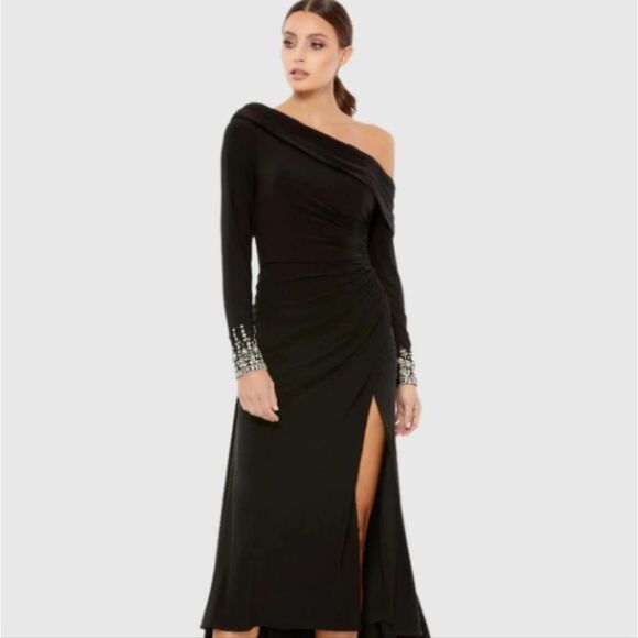 Mac Duggal Black Foldover Long Sleeve Jeweled Midi Dress SIZE 6 NWT Retail $258 - Picture 2 of 14